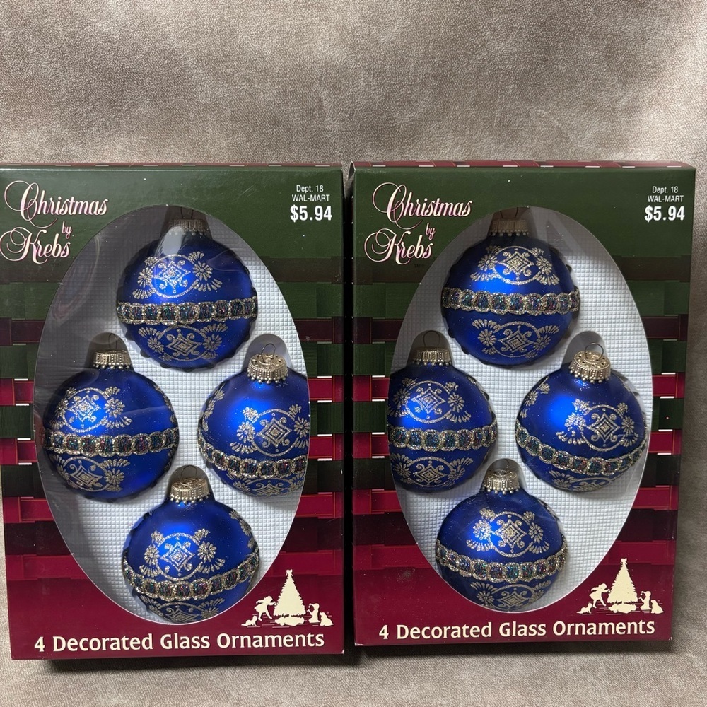 8 Vintage Christmas Krebs Blue & Gold Glass Ornaments Glittered MCM Retro